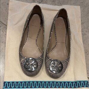 Tory Burch Reva Ballet Flat in Black & Cream Snake Print